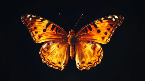 Golden butterfly wings spread on deep black background.