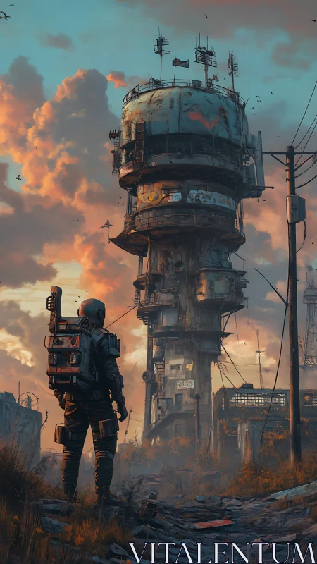 Lone wasteland scout greeting a rusted skyborne tower.
