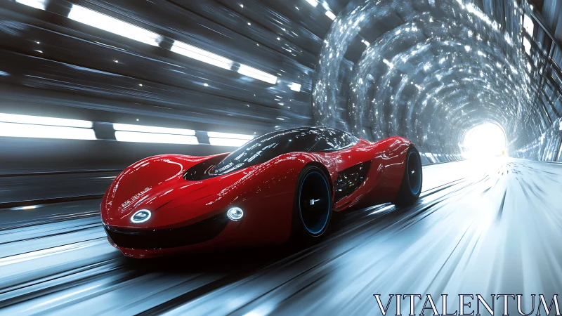 Scarlet hypercar streaking through luminous tunnel passage.