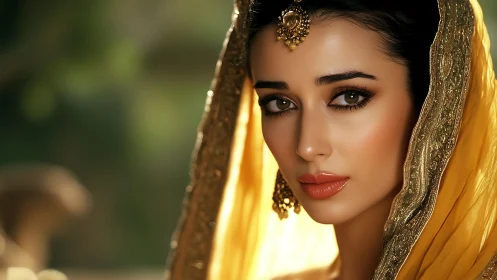 Portrait of elegant woman in golden traditional attire.