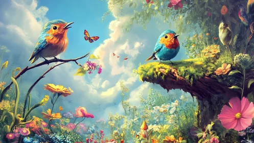Vibrant Bluebirds in a Magical Spring Meadow, Fantasy Digital Art.
