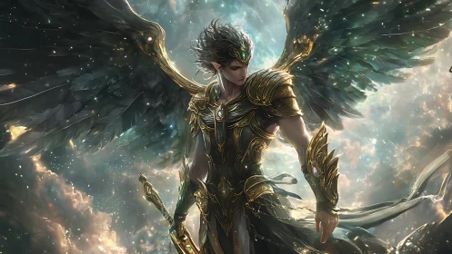 Celestial elf warrior with obsidian wings in radiant armor.