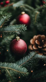 Red ornament hangs among evergreen needles with soft lights