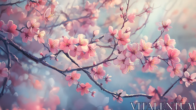 Cherry Blossom Branches with Soft Focus Atmospheric Bokeh Rendering.