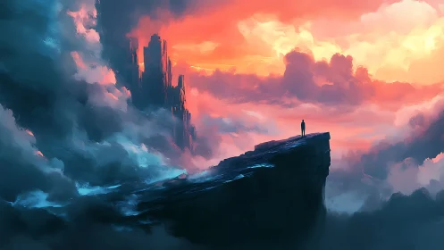 Solitary dreamer gazes across glowing clouds and distant spires