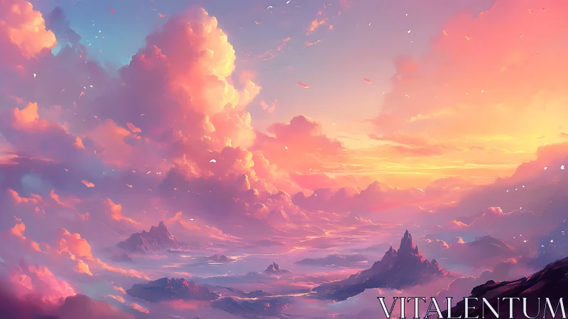 Volumetric cloudscape over luminous pastel mountain range