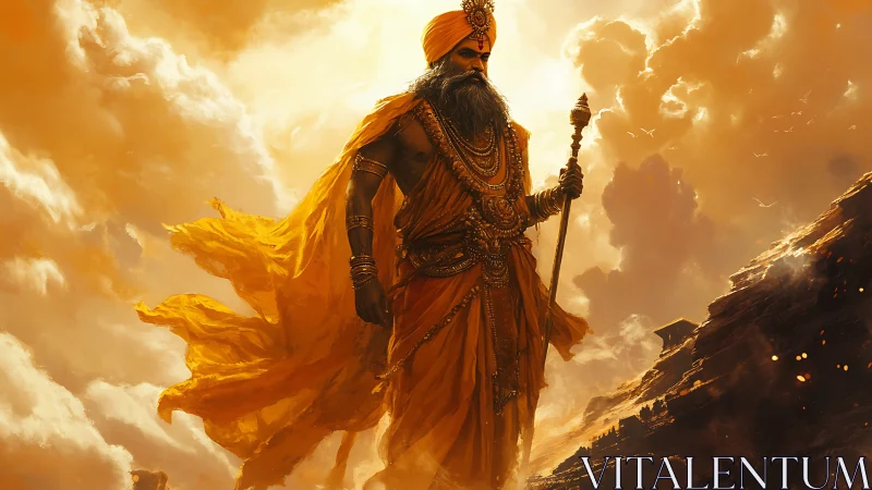 Sunlit guardian sage striding through glowing clouds.