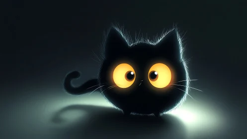 Glowing eyed black kitten in soft cinematic backlight.