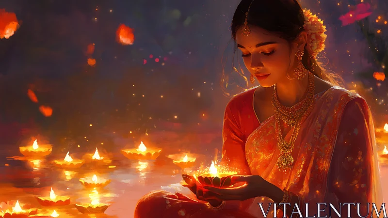 Woman in traditional attire holds illuminated floating diya
