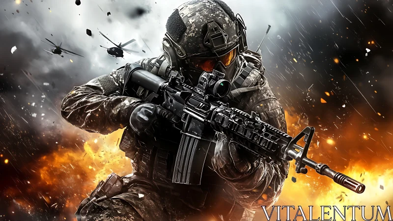 Intense modern soldier charges forward through blazing chaos