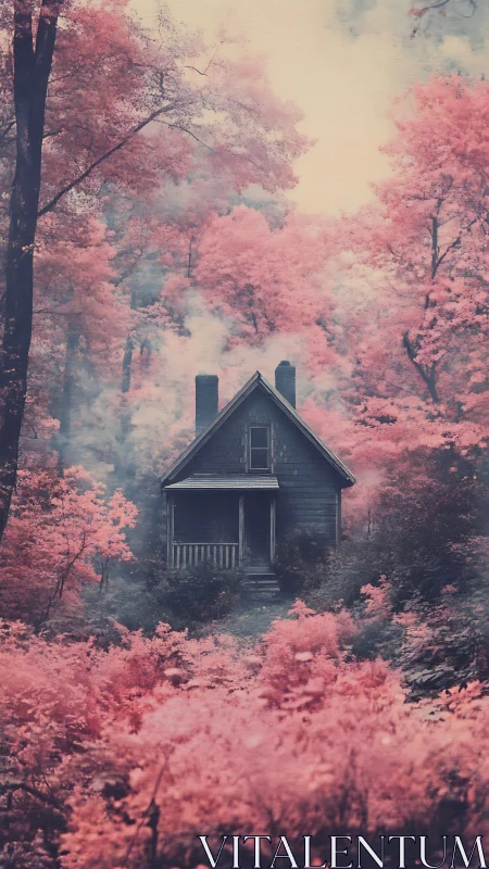 Abandoned house surrounded by pink forest foliage.