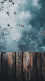 Weathered wooden pier bordering reflective blue water plane