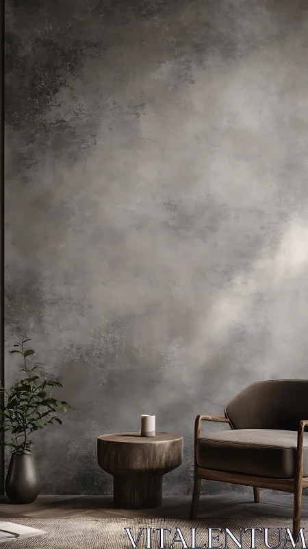 Minimalist lounge corner with chair, table and concrete wall.