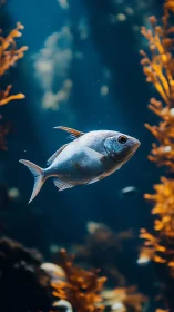 Silver reef fish drifting through teal depths and kelp forest.