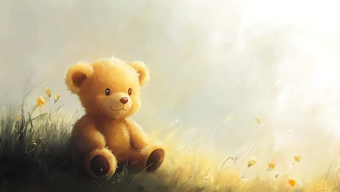 Soft plush teddy bear in sunlit meadow with warm haze