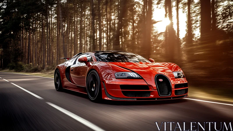 Forest road sprint with a fiery red supercar in motion.