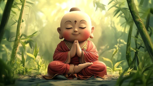 Smiling baby monk meditates peacefully in glowing bamboo grove