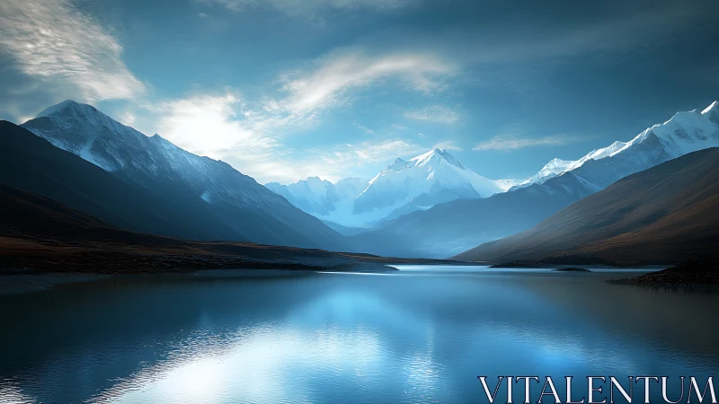 Snowy mountain range reflected in calm blue lake.