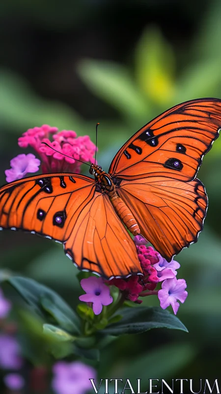 Vivid orange butterfly resting on purple garden flowers.