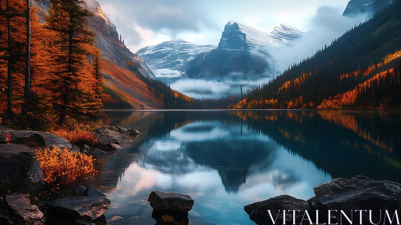 Quiet mountain lake cradled by mist and fiery autumn pines.