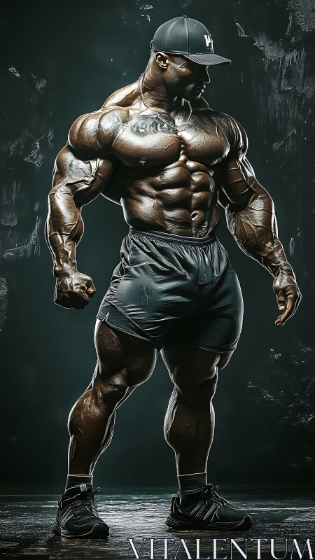 Hyperreal digital bodybuilder portrait under rim lighting.
