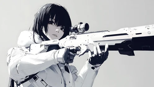 Futuristic sniper girl with white tactical rifle poised.