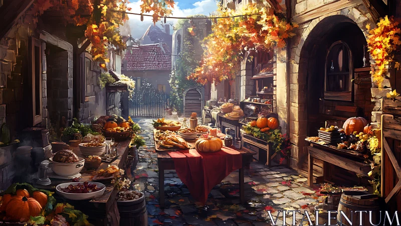 Medieval stone alleyway contains arranged autumn harvest feast