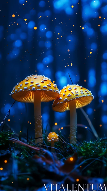 Bioluminescent mushrooms glow against deep blue forest bokeh