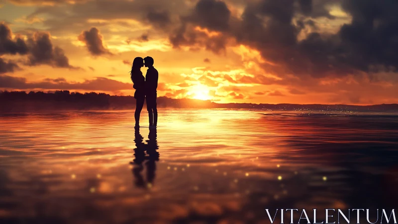 Silhouetted Couple at Sunset: Golden Hour Romance Over Water.