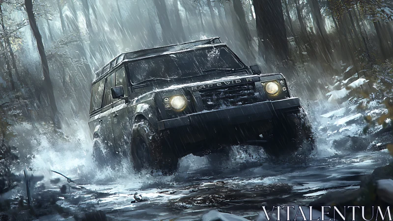 Off-road SUV crossing wet forest trail in heavy rain.