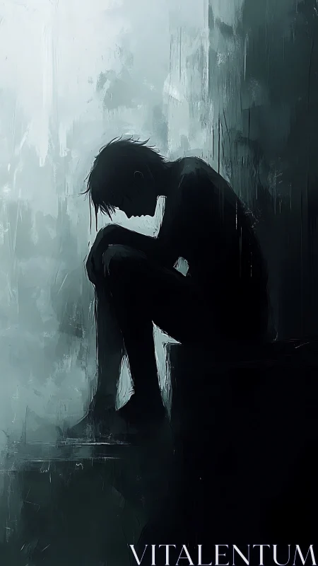 Shadowed soul curled in rainwashed blue, painted in silence.