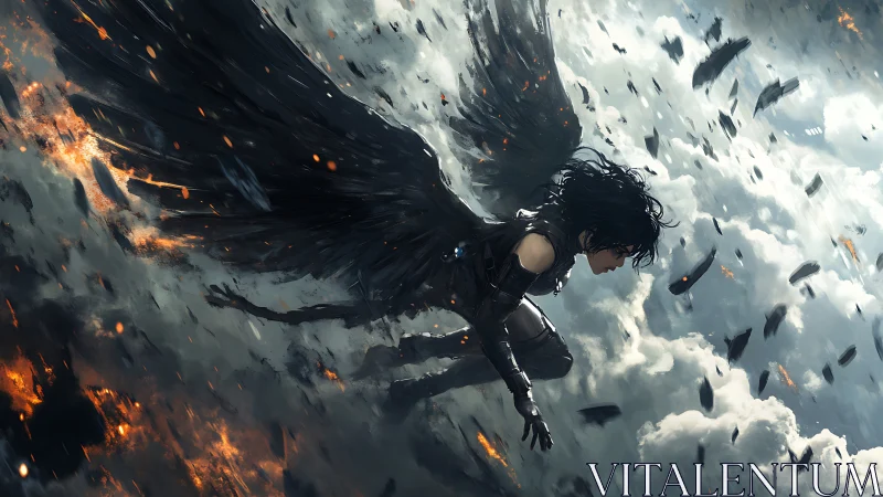 Winged combatant diving through incendiary stormfront clouds.