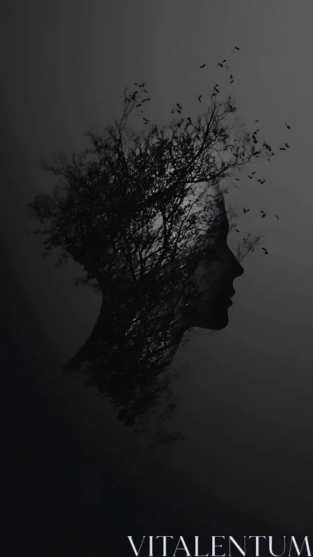 Double exposure female profile with silhouetted winter tree canopy