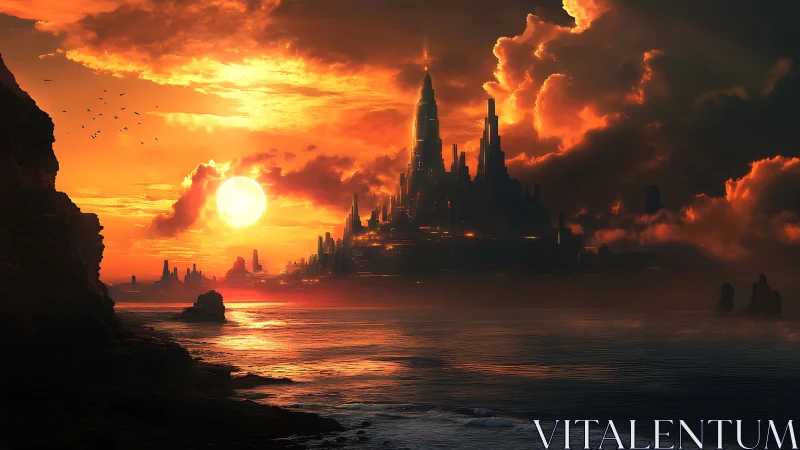 Radiant sunset engulfs towering coastal fantasy citadel