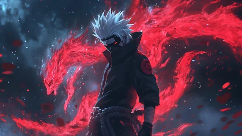 Masked white-haired figure stands before red energy serpent
