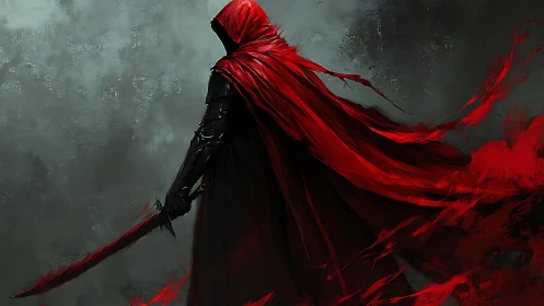 Crimson-hooded swordsman storms through swirling shadow fog.