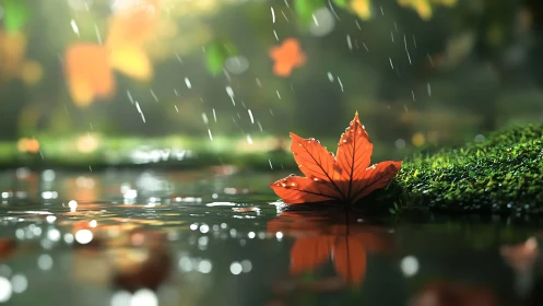Single autumn leaf resting by rainlit forest waterline.