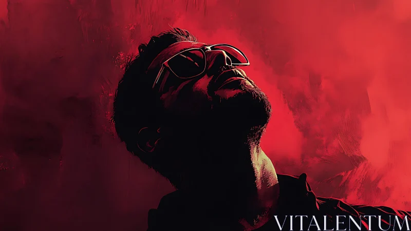 Backlit portrait silhouette in high-contrast crimson field.