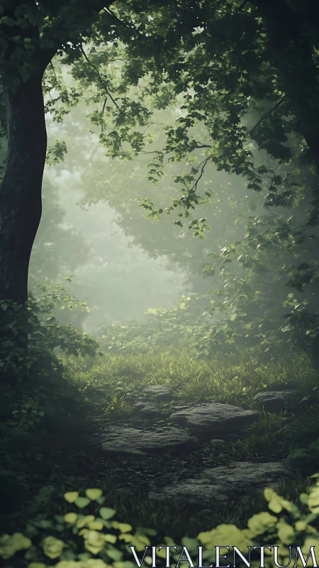 Misty Forest Path Through Dense Woodland Canopy