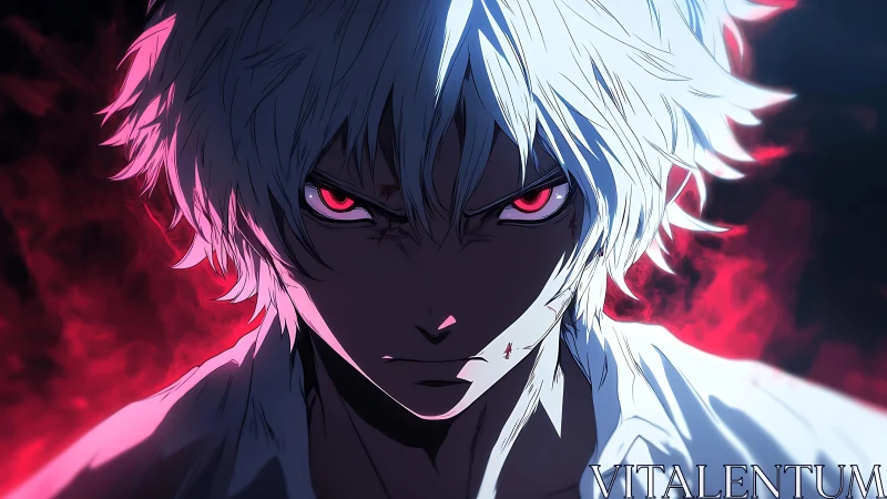 White‑haired antihero ignites crimson fury in shadowed blaze.