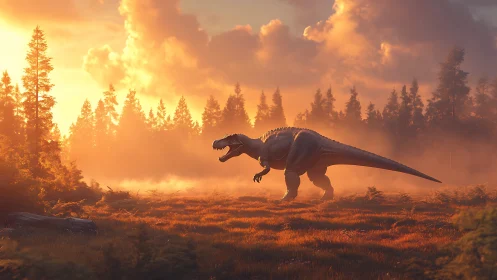 Sunlit tyrannosaurus roaming through misty conifer valley.