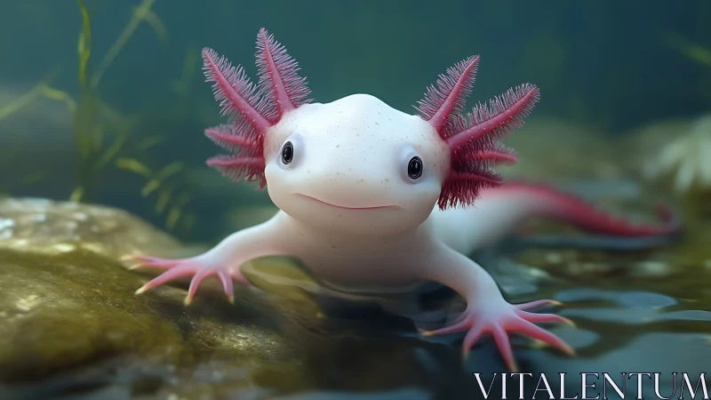 Curious pink axolotl greets the camera in a calm lagoon