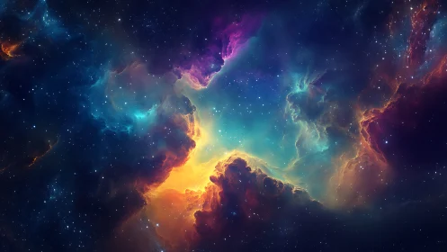 Colorful cosmic nebula cloud glowing in deep outer space.