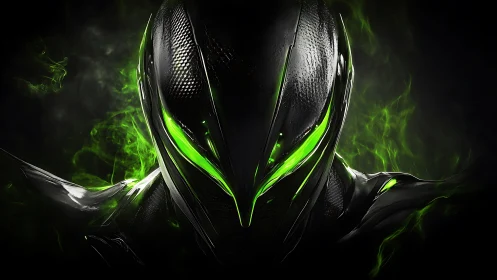 Cybernetic visor warrior with neon green energy glow.