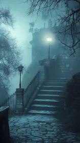 Foggy stone stairway climbs toward a lonely haunted manor