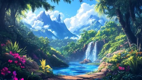 Tranquil waterfall valley wrapped in lush, sunlit greenery.