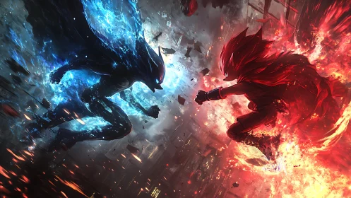 Elemental rivals collide in a blazing storm of blue and red power.