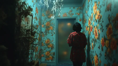 Softly lit floral hallway with a quiet, waiting figure.