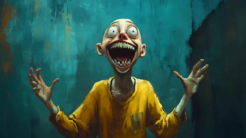 Wild grin in teal shadows, a joyful cartoonish scream.