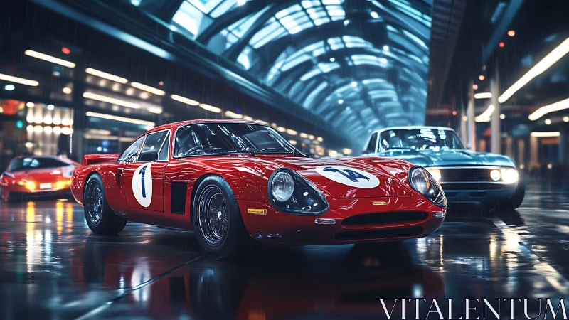 Red vintage race car under neon-lit rainy city tunnel.
